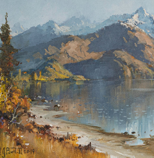 Partial detail of Framed Oil Painting by renowned landscape artist Neil J Bartlett of Lake Wanaka near Queenstown Silver Fern Gallery