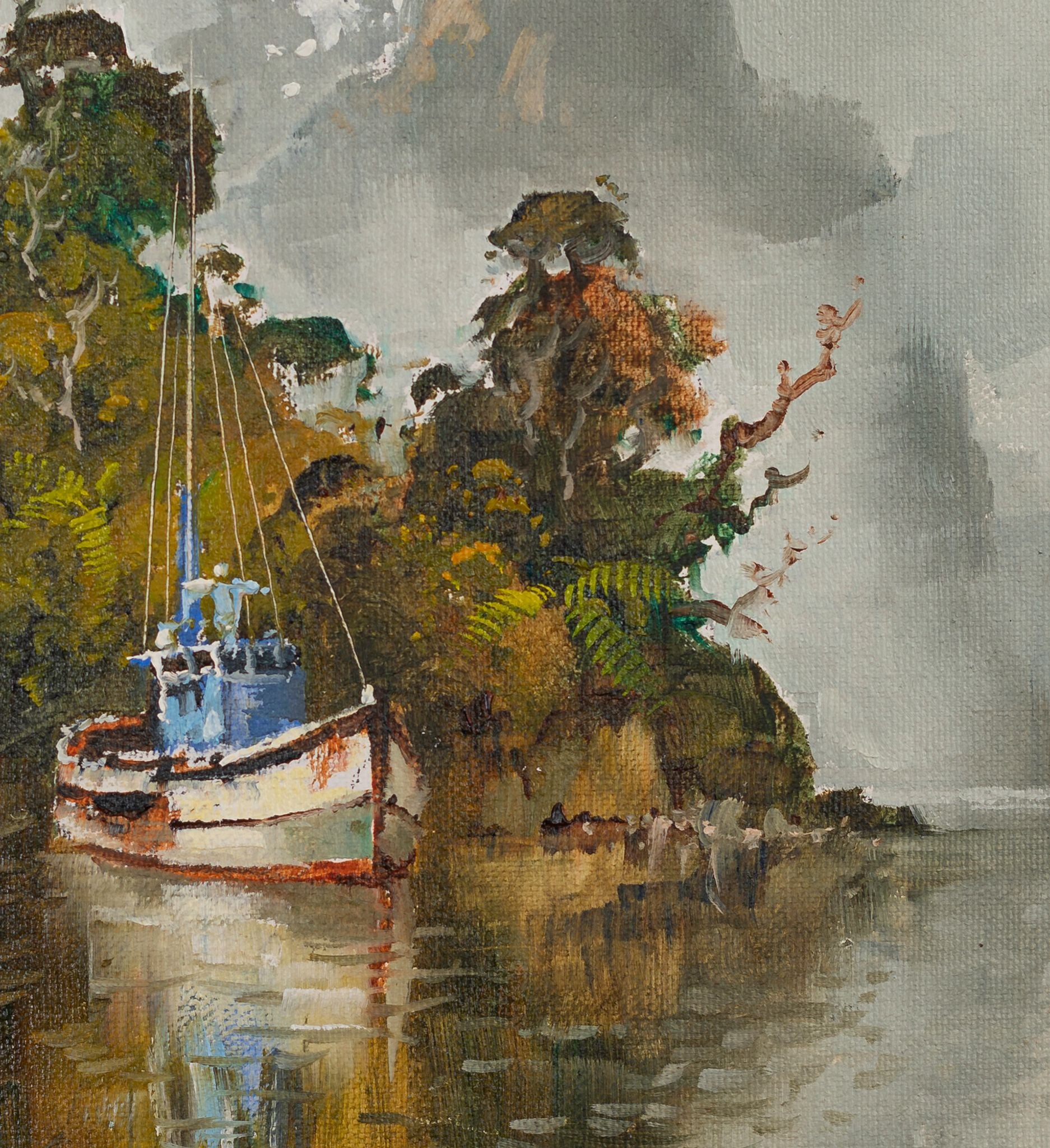 Partial detail of Oil Painting by renowned landscape artist Neil J Bartlett of Fishing Boat at Fiordland Silver Fern Gallery