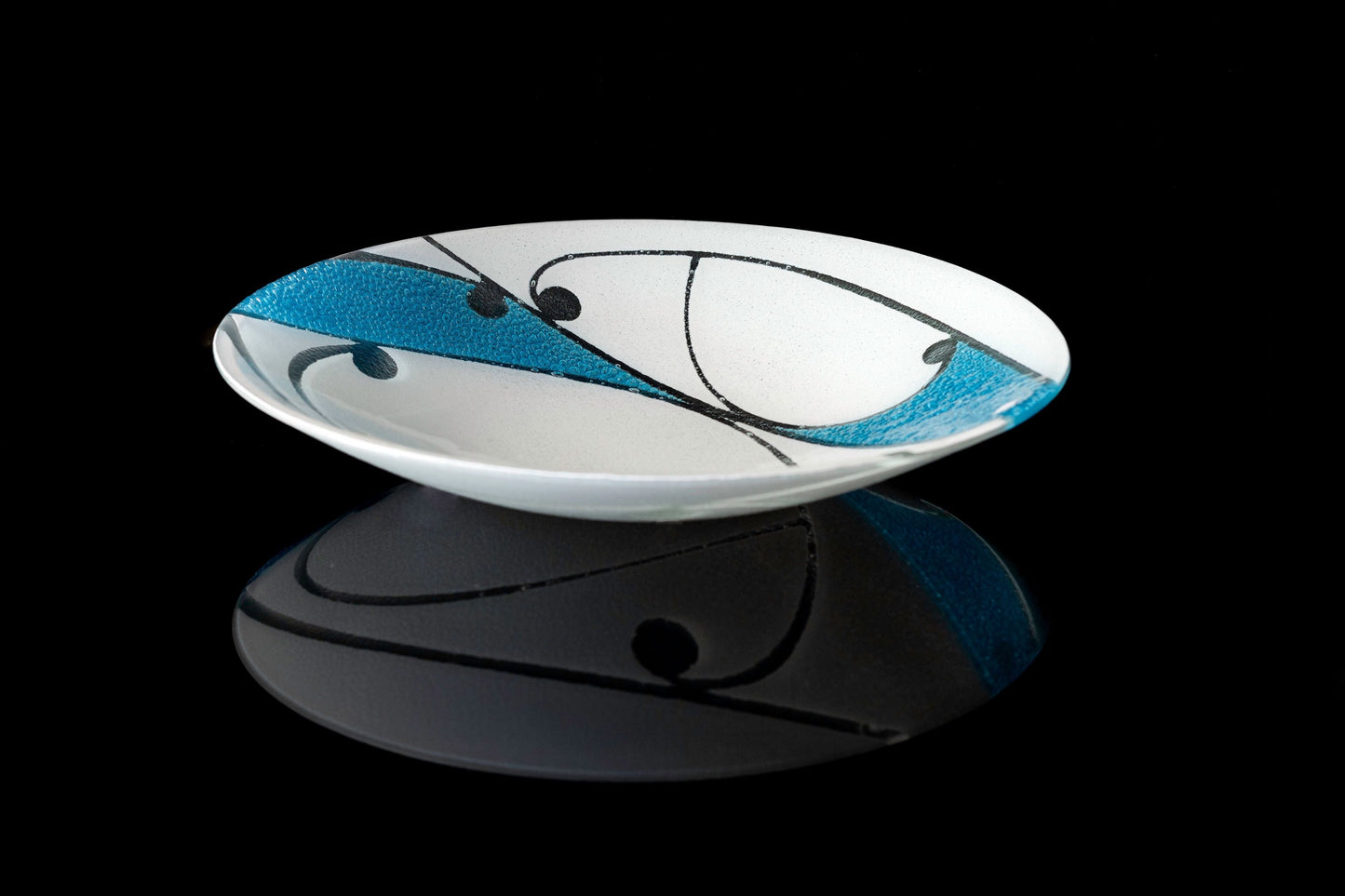 Fused Glass Bowl by Maori Boy Glassware Kawakawa Design (aqua and white) Silver Fern Gallery