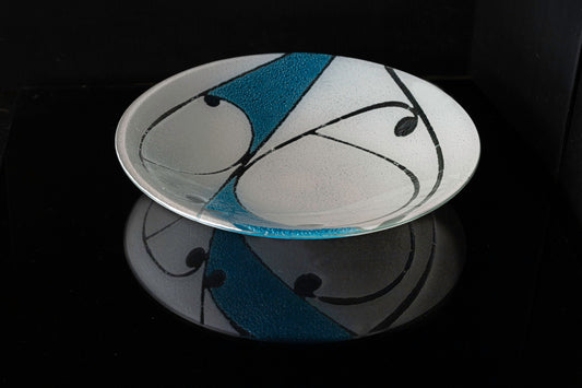 Above view of Fused Glass Bowl by Maori Boy Glassware Kawakawa Design (aqua and white) Silver Fern Gallery