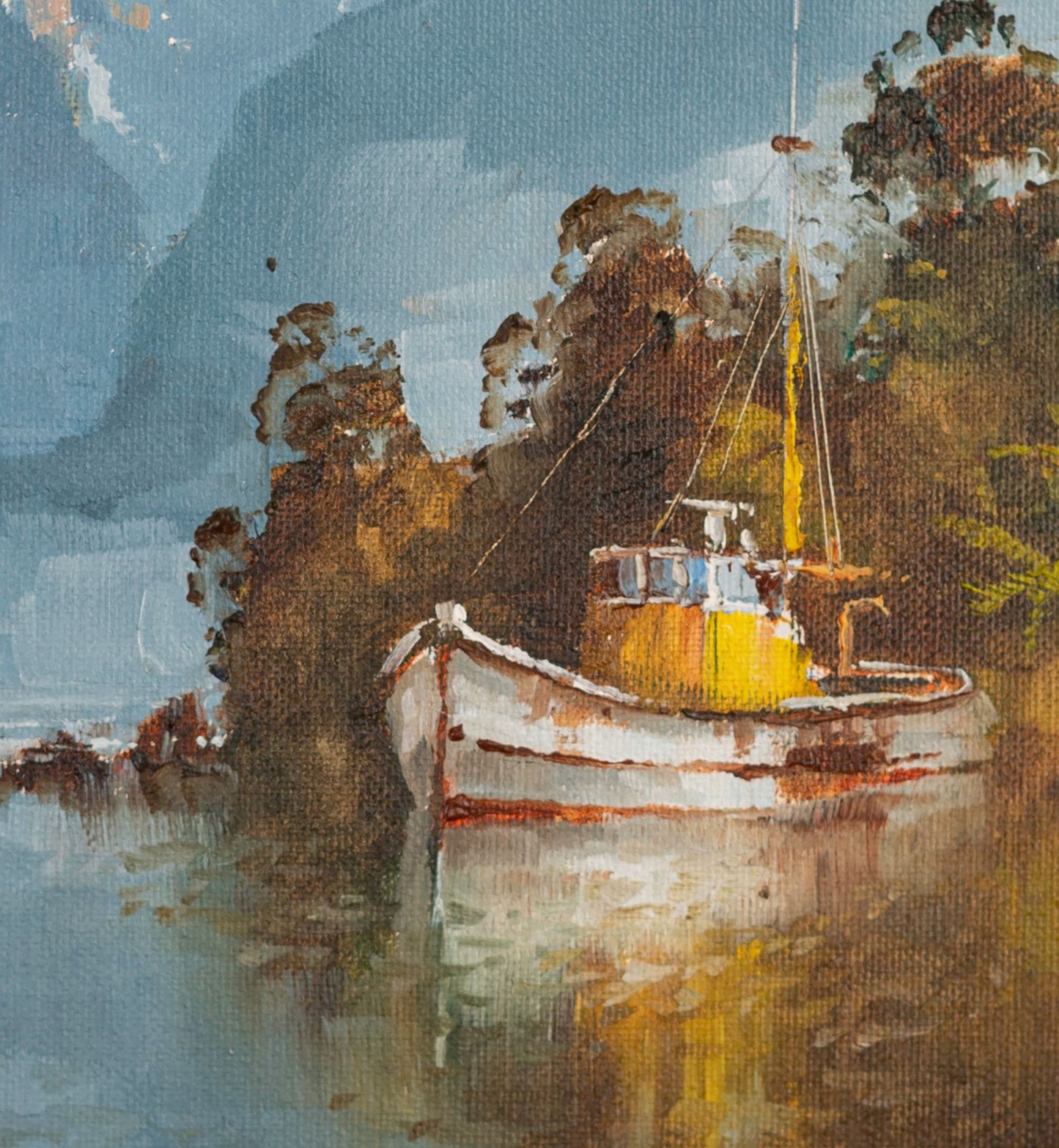 Partial detail of Framed Oil Painting by landscape artist Neil J Bartlett of Fishing Boat Fiordland Silver Fern Gallery