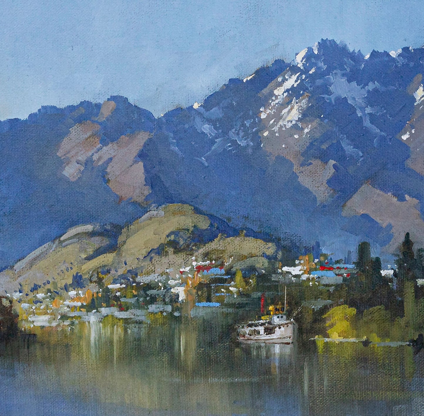 Partial detail of Framed Oil Painting by renowned landscape artist Neil J Bartlett of TSS Earnslaw Lake Wakatipu Queenstown Silver Fern Gallery