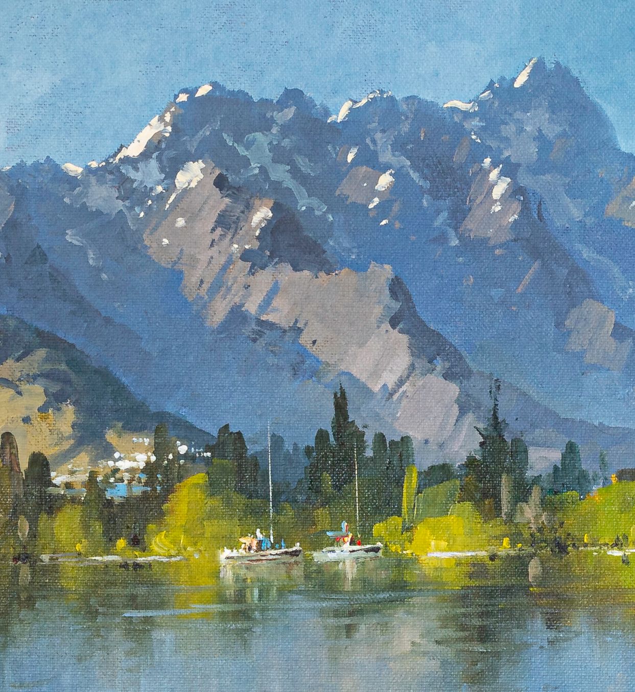 Detail of Oil Painting by Neil J Bartlett Queenstown Bay New Zealand Silver Fern Gallery