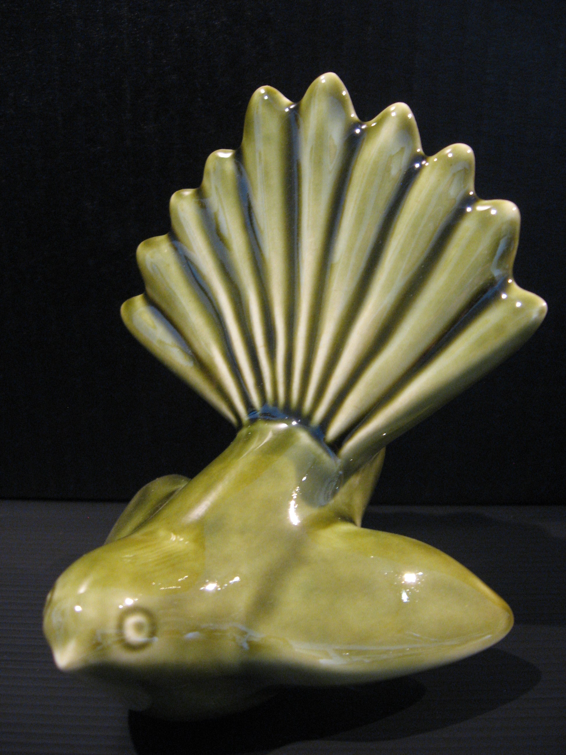 Ceramic Piwakawaka (Fantail) by Bob Steiner (moss green) Silver Fern Gallery