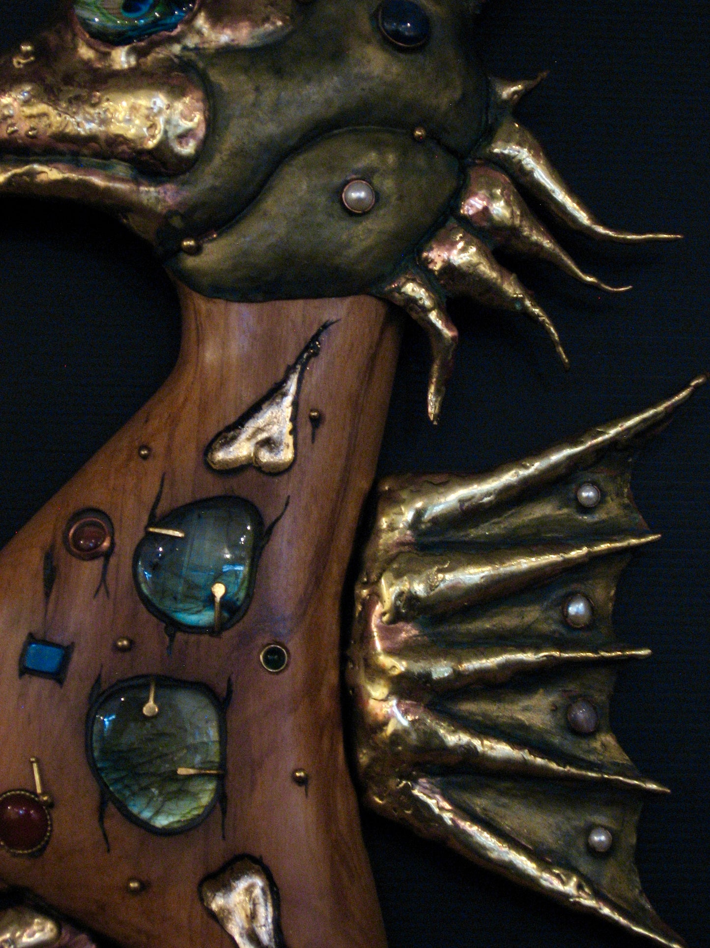 Detail of Seahorse Wall Art of Metal Wood and Gems by Serge Souslov Silver Fern Gallery