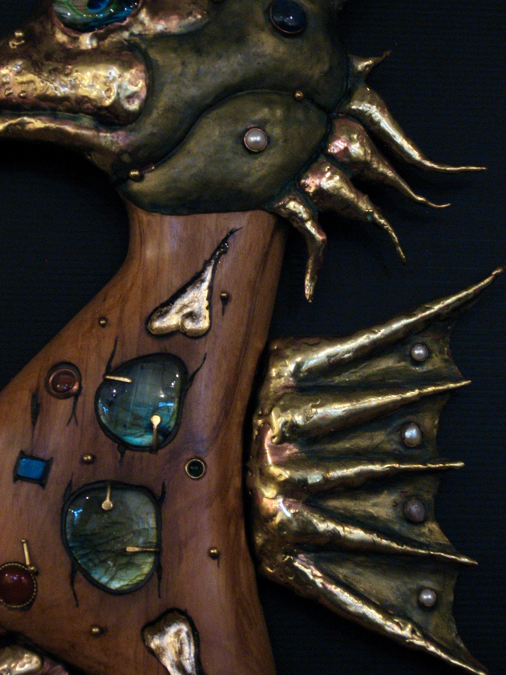 Detail of Seahorse Wall Art of Metal Wood and Gems by Serge Souslov Silver Fern Gallery