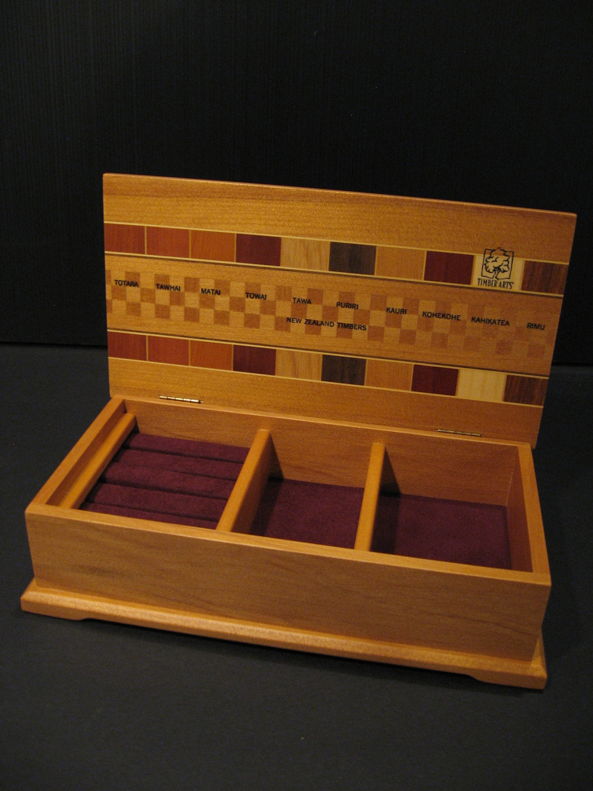 Inside Kauri Wood Jewellery Box Inlaid with Native Timbers by Timber Arts NZ Silver Fern Gallery