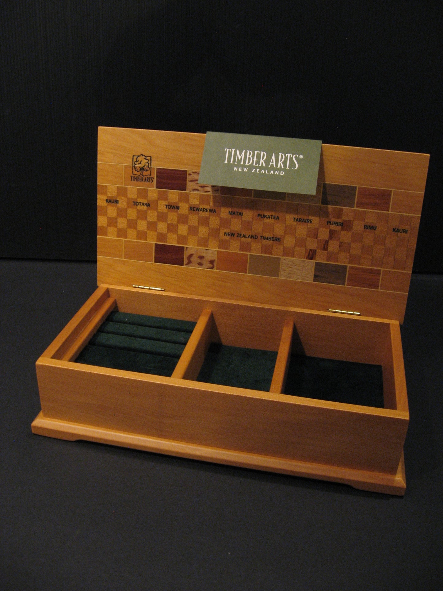 Inside of Kauri Wood Jewellery Box Inlaid with Native Timbers by Timber Arts Silver Fern Gallery