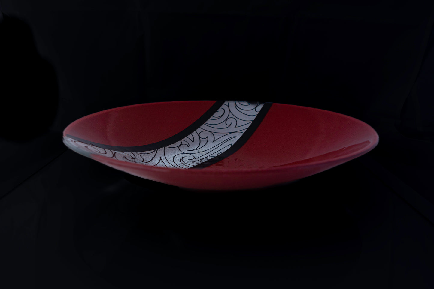 Fused Glass Bowl  Maori Boy Glass Rongo Design (red and black) Silver Fern Gallery
