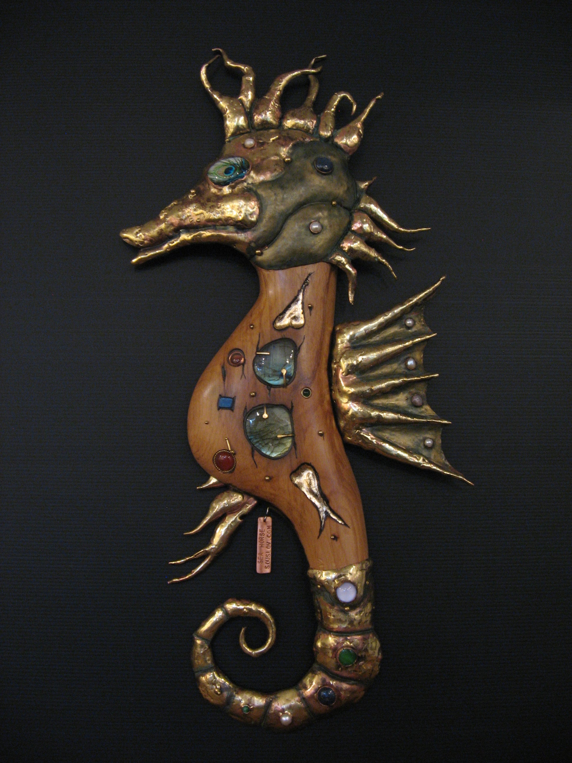 Seahorse Wall Art of Metal Wood and Gems by Serge Souslov Silver Fern Gallery