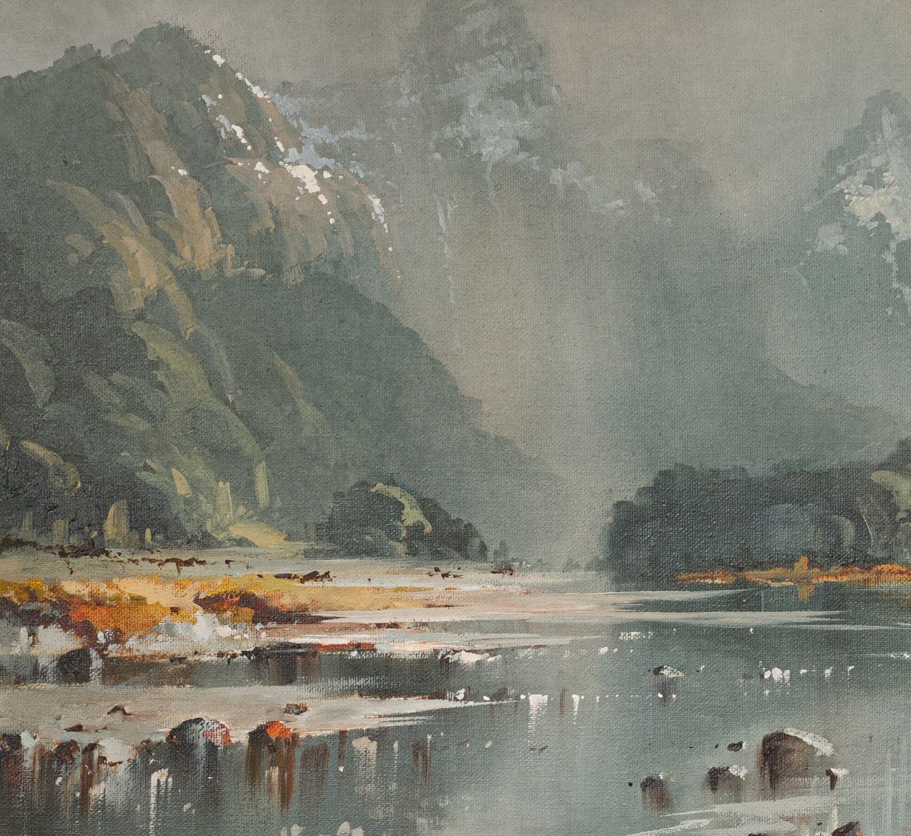 Partial detail of Framed Oil Painting by renowned landscape artist Neil J Bartlett Dart Valley Glenorchy near Queenstown NZ Silver Fern Gallery