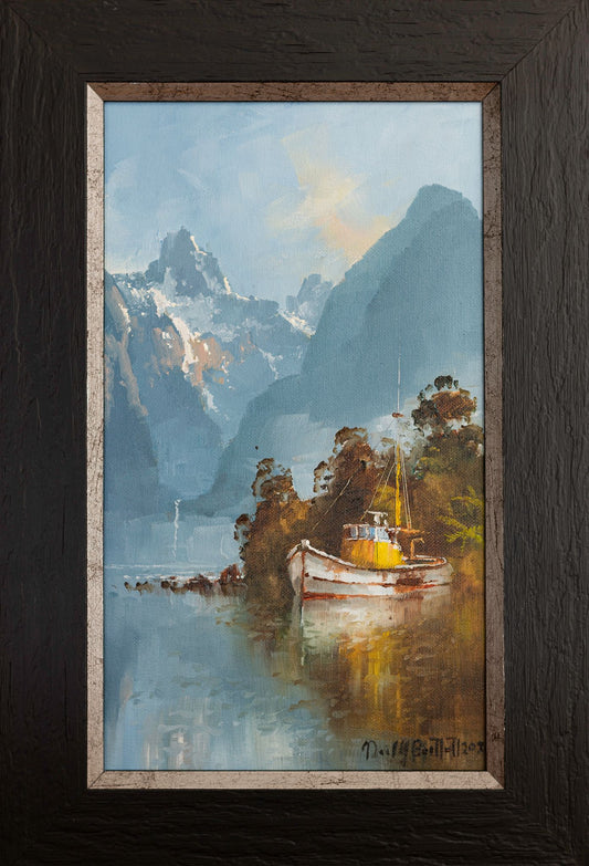 Framed Oil Painting by landscape artist Neil J Bartlett of Fishing Boat at Fiordland Silver Fern Gallery