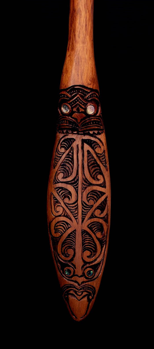 Detail of Hand Carved Waka Hoe Paddle Oar by Grant Holder Silver Fern Gallery