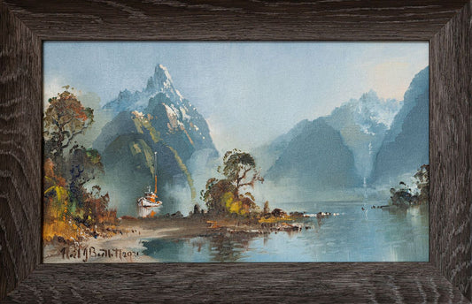 Framed Oil Painting by renowned landscape artist Neil J Bartlett of Milford Sound NZ Silver Fern Gallery