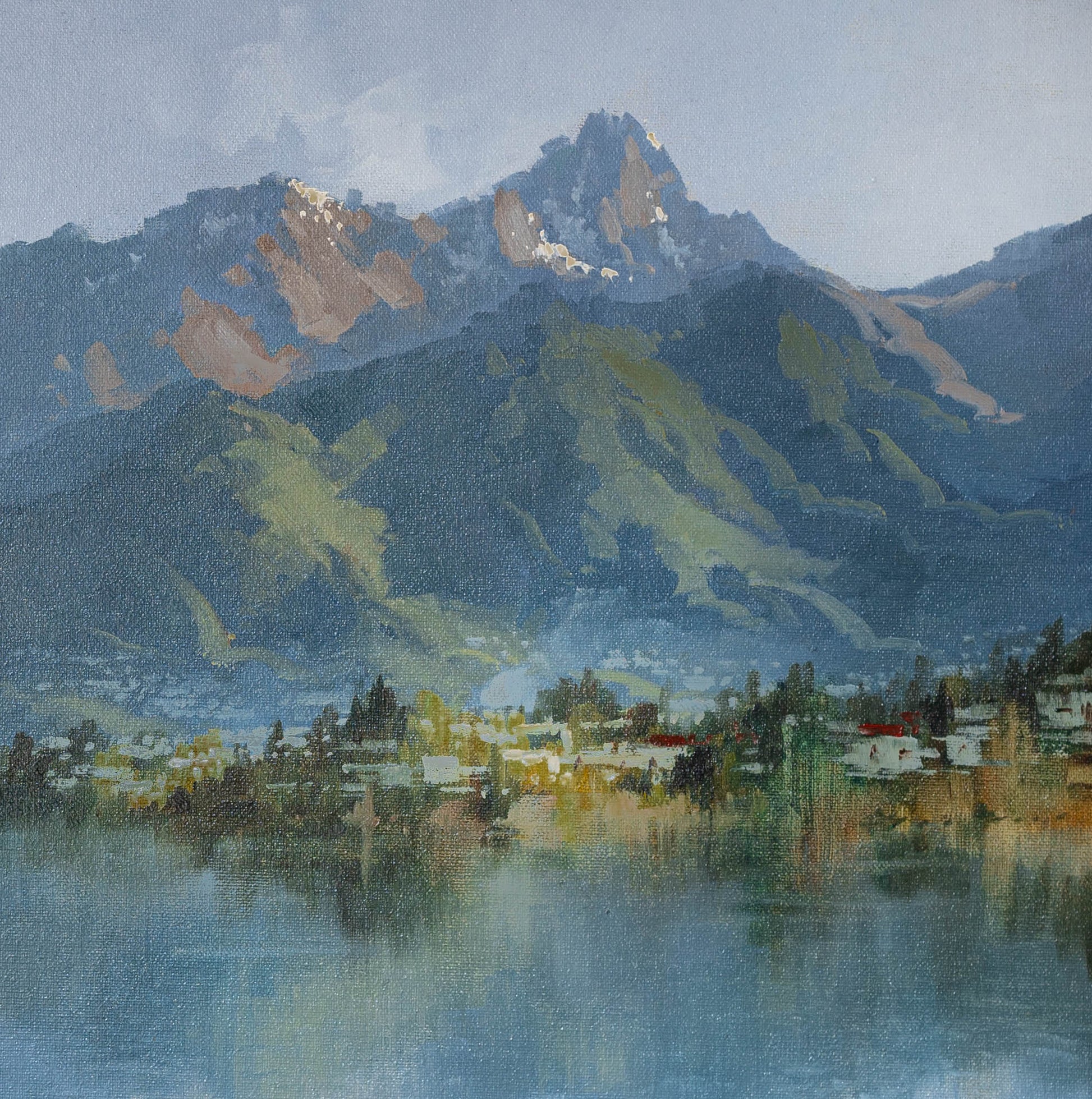 Detail of Oil Painting by Neil J Bartlett Queenstown from Kelvin Heights Silver Fern Gallery