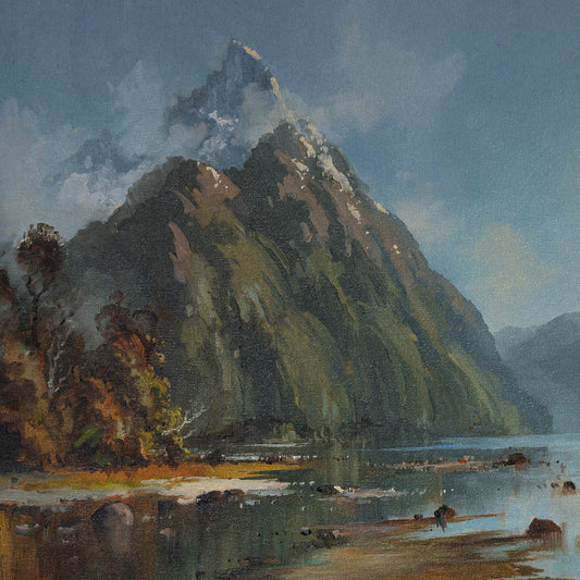 Detail of Framed Oil Painting by Neil J Bartlett Mitre Peak Milford Sound Silver Fern Gallery