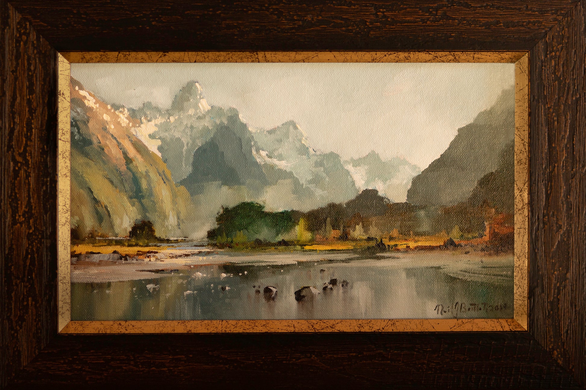 Framed Oil Painting by Neil J Bartlett of Mount Knox Dart Valley  Silver Fern Gallery