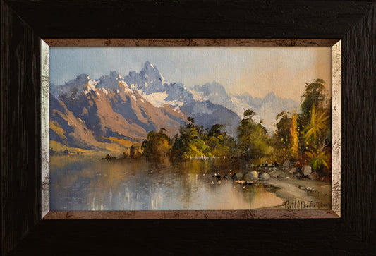 Framed Oil Painting by renowned landscape artist Neil J Bartlett of Glenorchy Lake Wakatipu Silver Fern Gallery