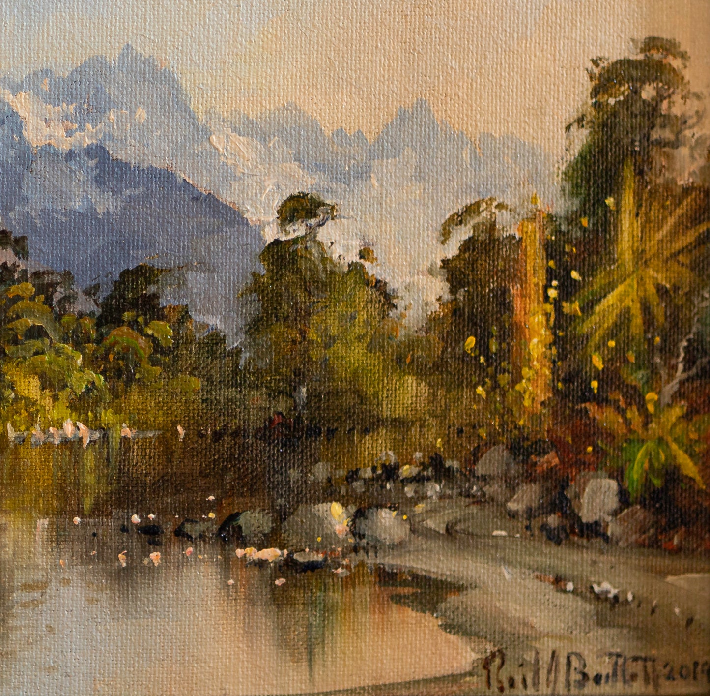 Partial detail of Framed Oil Painting by renowned landscape artist Neil J Bartlett of Glenorchy Lake Wakatipu NZ Silver Fern Gallery