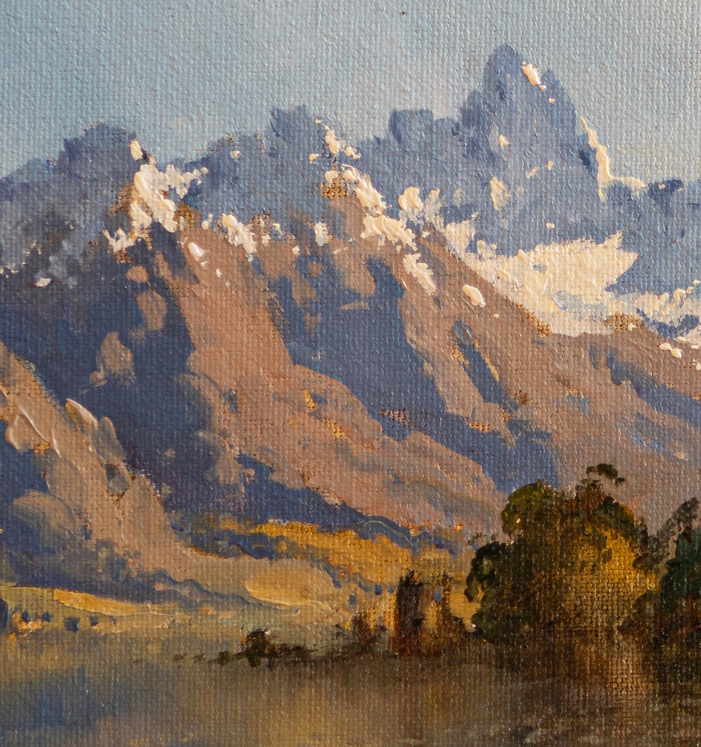 Partial detail of Framed Oil Painting by renowned landscape artist Neil J Bartlett of Glenorchy Lake Wakatipu Silver Fern Gallery