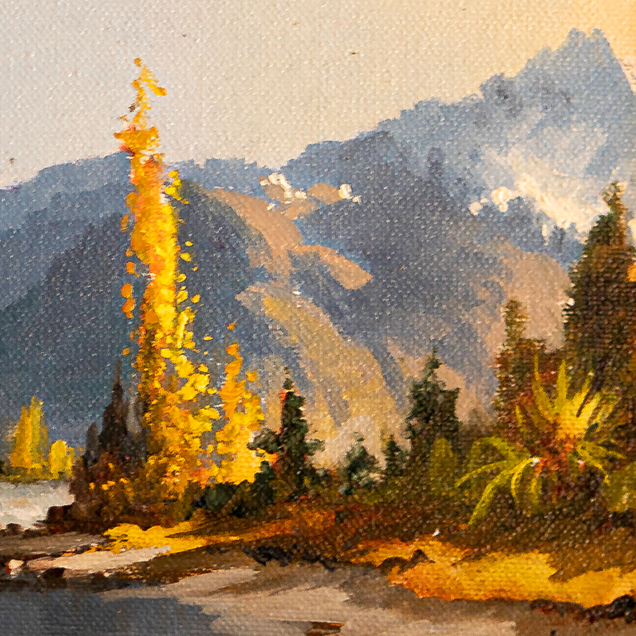 Partial detail of Framed Oil Painting by renowned landscape artist Neil J Bartlett Autumn Mount Aspiring Wanaka near Queenstown Silver Fern Gallery