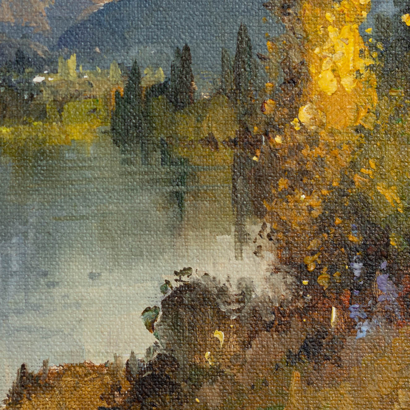 Partial detail of Framed Oil Painting by renowned landscape artist Neil J Bartlett of Autumn at Lake Hayes near Queenstown New Zealand Silver Fern Gallery