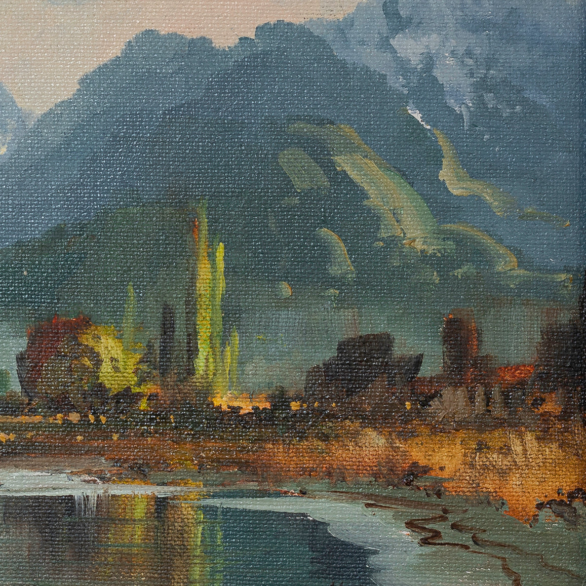 Partial detail of Framed Oil Painting by renowned landscape artist Neil J Bartlett Dart Valley near Queenstown Silver Fern Gallery