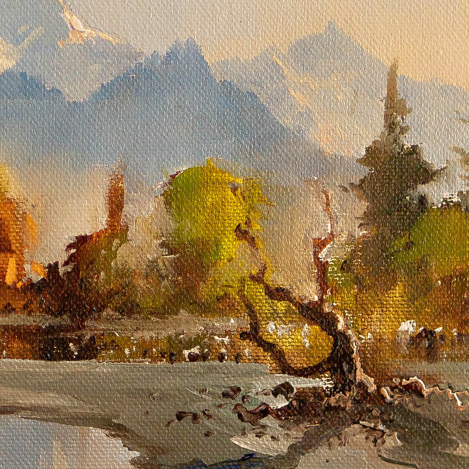 Partial detail of Oil Painting by Neil J Bartlett Winter Glenorchy NZ Silver Fern Gallery