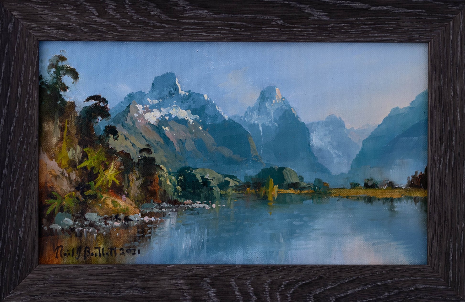 Framed Oil Painting by renowned artist Neil J Bartlett of Diamond Lake Glenorchy New Zealand Silver Fern Gallery