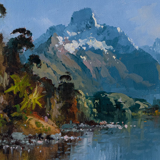 Partial detail of Framed Oil Painting by renowned artist Neil J Bartlett of Diamond Lake Glenorchy New Zealand Silver Fern Gallery
